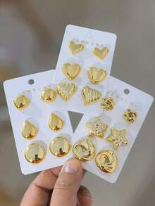 6/18件套几何结心形耳环套装，时尚耳环首饰套装，适合日常及节日佩戴，采用ABS树脂材质，UV镀层不褪色金 - 金黃色 - 查看 1