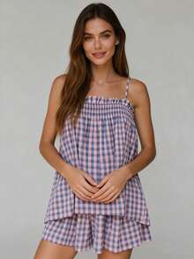 Conjuntos de 2 piezas para mujeres de lounge sin mangas con top tipo camisola a cuadros y pantalones cortos de pierna ancha - Morado - Ver 6