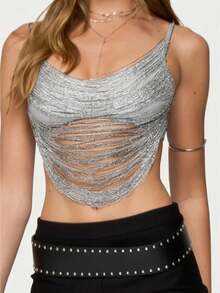 Women Y2k Tassel Draped Front Camisole Sexy Backless Criss Cross Slim Fitted Fringe Crop Top Night Out Party Clubwear Women's Sparkly Sequin Spaghetti Strap Crop Top Sleeveless V Neck Rave Tank Vest Clubwear - 灰色 - 查看 1