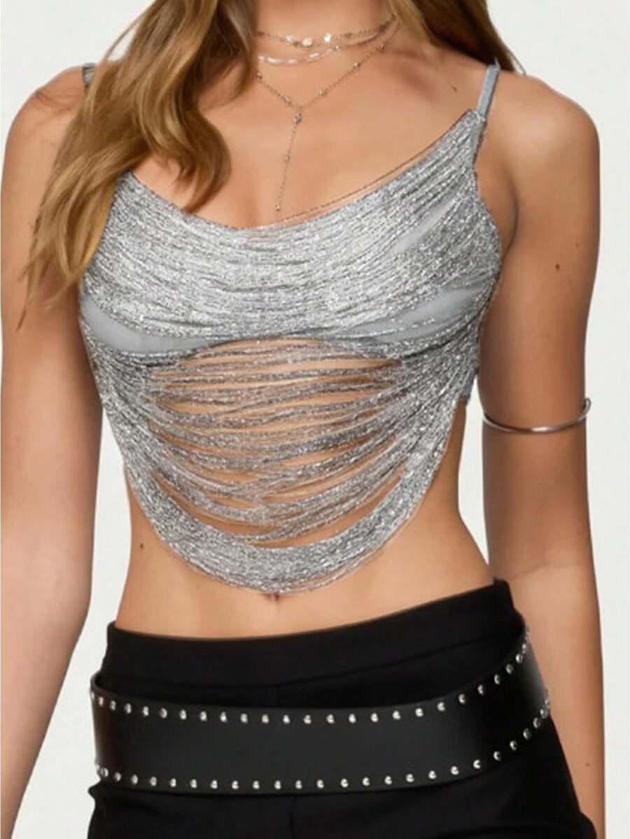 Women Y2k Tassel Draped Front Camisole Sexy Backless Criss Cross Slim Fitted Fringe Crop Top Night Out Party Clubwear Women's Sparkly Sequin Spaghetti Strap Crop Top Sleeveless V Neck Rave Tank Vest Clubwear - 灰色 - 查看 1