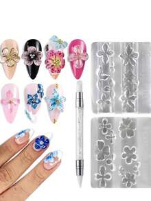 3件套3D立体花朵美甲模具套装，含雕刻笔，可重复使用硅胶美甲雕刻模具，适用于DIY美甲，凝胶亚克力美甲雕塑模板，美甲工具 - 彩色 - 查看 2