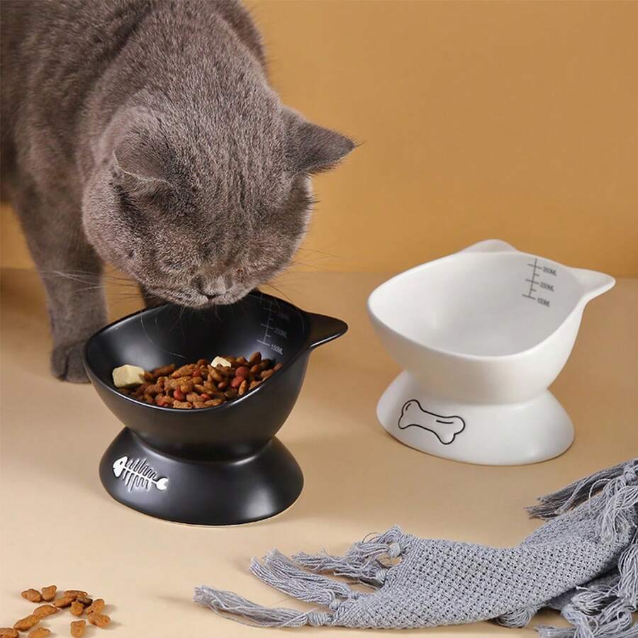 shuo ni mao yi Ceramic Cat/Dog Bowl With Bone Embossed Gradation Lines, Easy To Clean Cat Food Bowl, Raised Stand Slow Feeder, Cute Pet Food & Water Bowl, Anti-Spill - 350ml - View 1