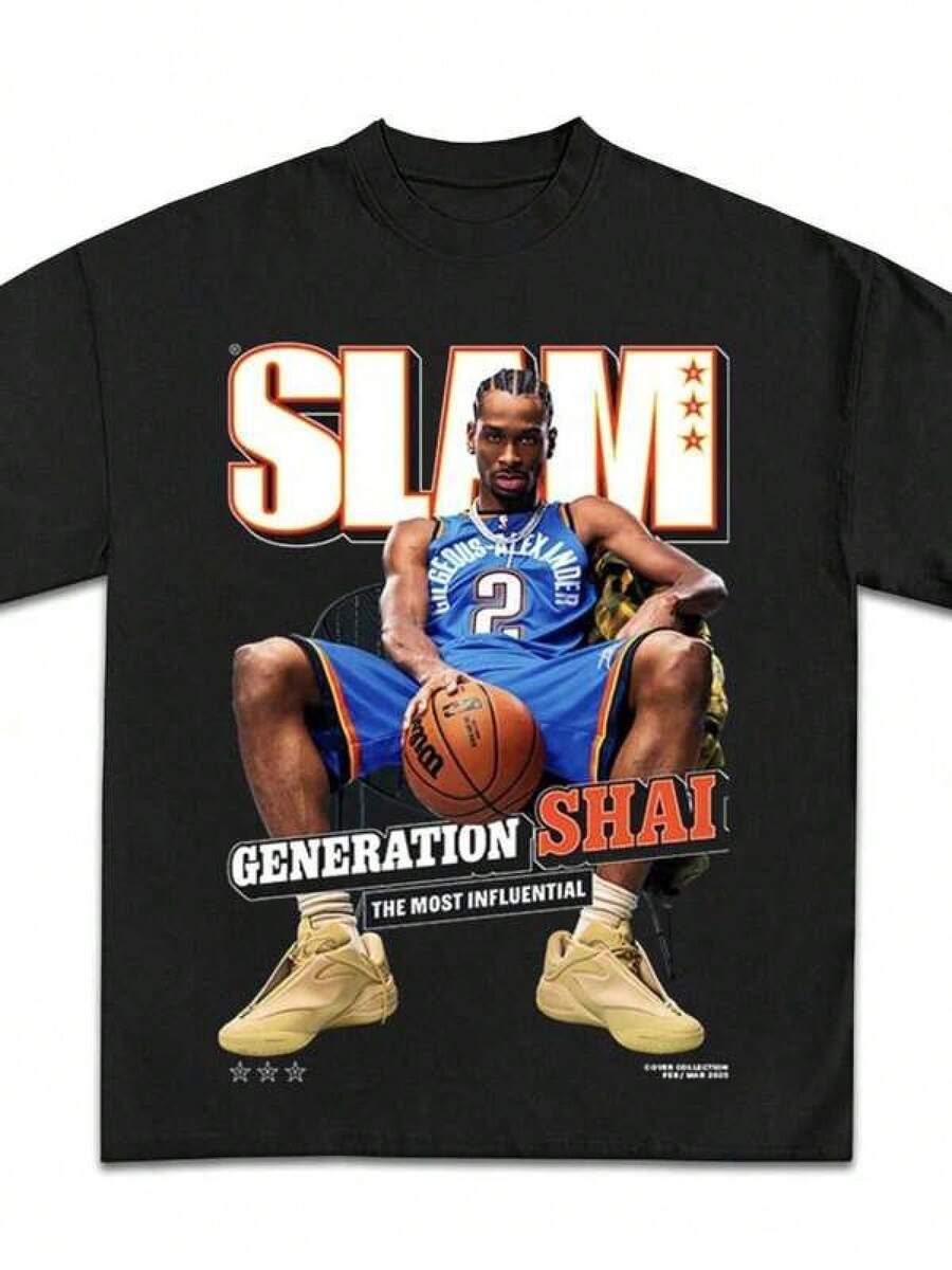 Graphic-Shirt Cotton Tees Size Plus,Shai Slam Graphic T-Shirt - Heavyweight Basketball Jersey, Black With Orange & White Print, Regular Fit Short Sleeve Tee For Adults & Teens, Casual Streetwear Style, Basketball Shirt ,Y2K,Oversized Shirt Men,Summer Tops - màu đen - Xem 1