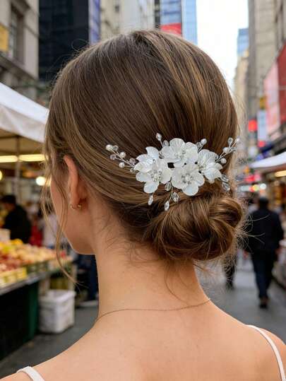 1pc Shiny Retro ABS Plastic White Flower Hair Comb, Bridal Headpiece With Pearl & Rhinestone, Suitable For All Seasons