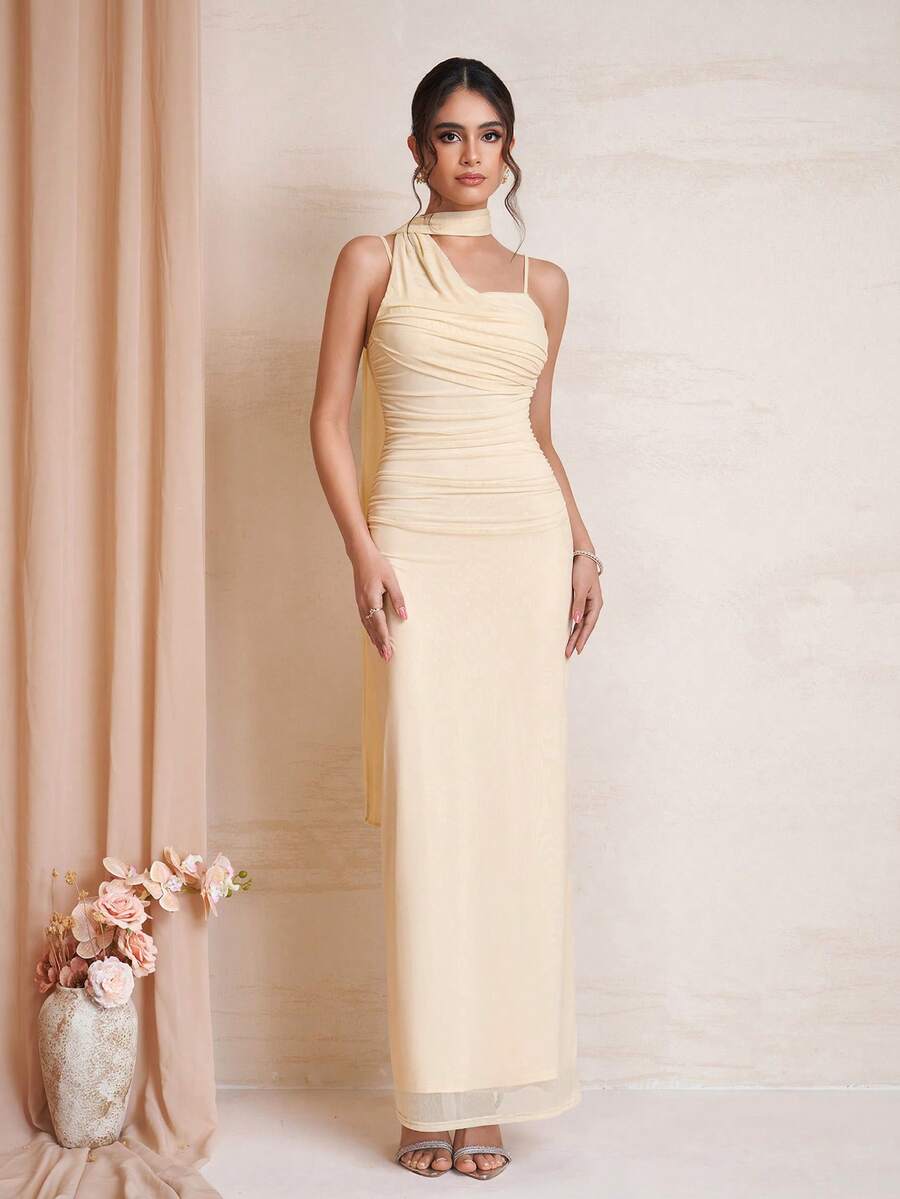 PARTHEA Đầm cocktail lưới cổ buộc dây thanh lịch dành cho nữ, thiết kế xếp ly, chân váy bút chì dài, độ co giãn cao. - Màu be - Xem 1