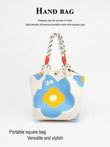 Cute Cartoon Multi-Color Knot Decor Large Capacity Bucket Bag, Handheld Tote, Elegant Multifunctional Travel Handbag - Baby Blue - View 6