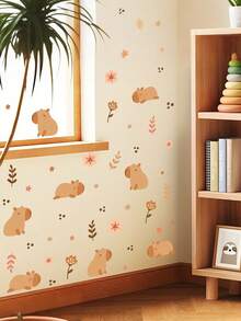 1pc Capybara Animal Wall Sticker, Cartoon Capybara & Flower Wall Decal For Kids Bedroom, Nursery Room Background Wall Decoration, Suitable For Living Room, Bedroom, Cabinet - Multicolor - View 2