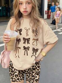2pcs Leopard Print Aesthetic Set, Featuring Bow And Leopard Print Design, T-Shirt And Shorts Set, Suitable For Casual Gatherings, Relaxation, And Daily Wear - Apricot - View 1