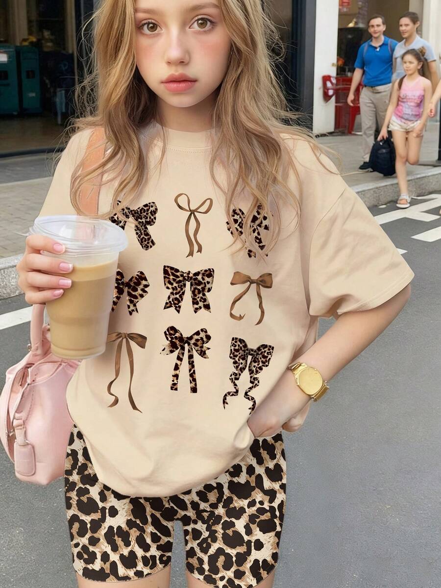 2pcs Leopard Print Aesthetic Set, Featuring Bow And Leopard Print Design, T-Shirt And Shorts Set, Suitable For Casual Gatherings, Relaxation, And Daily Wear - Apricot - View 1