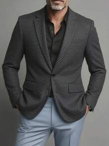 男士休闲千鸟格西装外套，修身剪裁，商务休闲时尚单排扣西装夹克，经典港式复古西装大衣，适合婚礼、宴会、度假、日常办公及商务活动等场合。 - 深灰色 - 查看 1