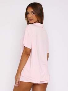 Women's 2 Piece Pajama Set Short Sleeve Button Down Collared Top And Elastic Waist Shorts Loungewear Set Sleepwear - Pink - View 6