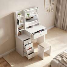 Makeup Vanity Desk With Mirror And Lights, 3 Adjustable Brightness Color Lighting Modes, Vanity Set With Drawers, Stool And Open Shelves, Dressing Table For Bedroom - US A Type Plug(110-127V) - View 9