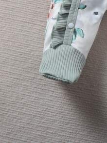 2件套女婴碎花拼接罗纹荷叶领长袖连体衣，带发带，休闲舒适，适合春秋季外出穿着，创意礼物 - 綠色 - 查看 7