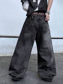 1 chiếc quần jeans nam Hearty Haven kiểu dáng đường phố Mỹ, thêu họa tiết, ống rộng rách rưới, dáng rộng thoải mái, phong cách sinh viên, gấu quần tua rua, đa năng cho mọi mùa (Không kèm thắt lưng hoặc phụ kiện) - màu đen - Xem 8