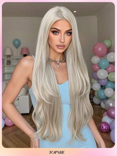 TOPSHE 32-Inch Linen Gold Long Curly Wig, Middle Part Bangs, Suitable For Women, Heat-Resistant Synthetic Hair, Ideal For Daily Wear, Halloween, Christmas, Holiday Parties, Multiple Colors Available