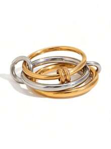 1pc 18K Gold Plated Creative Interlocking Round Rings Thick Stainless Steel Multi-Layer Ring, Perfect Jewelry Gift, Suitable For Women's Daily Wear - Ring - View 8