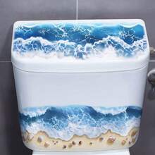 1 pieza Pegatina realista de ola de playa y concha para el inodoro, autoadhesiva impermeable con estilo oceánico para el baño, decoración tropical de verano extraíble para el tanque del inodoro - Unitalla - Ver 5