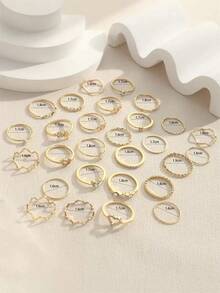 28pcs/Set Fashionable Ring Set With Heart Shaped Design, Geometric Style And Bohemian Element Accent - 金色 - 查看 8
