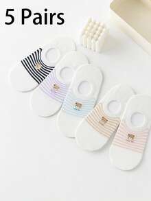 5双装女士白色短袜，可爱小熊刺绣，条纹设计，透气针织面料，简约可爱风格，适合居家、通勤、约会、节日礼物 - 彩色 - 查看 3