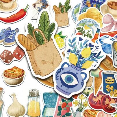 54PCS Watercolor Mediterranean Decals Graffiti Stickers Decorated Suitcase Cycling Gear Water Bottle DIY Skateboard Luggage Helmet Self Adhesive Scrapbook Supplies Stationery Funny Stickers