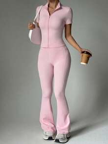 FWH Bộ đồ 2 món phong cách thành thị sành điệu, áo khoác có khóa kéo thắt eo phối cùng quần ống loe cạp cao, áo khoác cổ lọ có khóa kéo phối cùng quần ống loe cạp cao, bộ đồ 2 món phong cách đường phố giúp thon gọn và định hình vóc dáng cho nữ. - Hồng - Xem 5