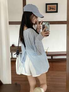 Backless Tie Strap Blue Striped Long Sleeve Casual Loose Thin Blouse - Blue - View 2