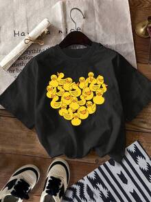 Camiseta de algodón de 180 g con estampado de corazón y pato, de manga corta y cuello redondo, para la ropa casual de mujer en primavera y verano. Adecuada para el uso diario, salidas informales, uso en casa y paseos al aire libre. Sencilla y versátil, un estilo de nicho a, la primera opción para parejas. - Negro - Ver 1