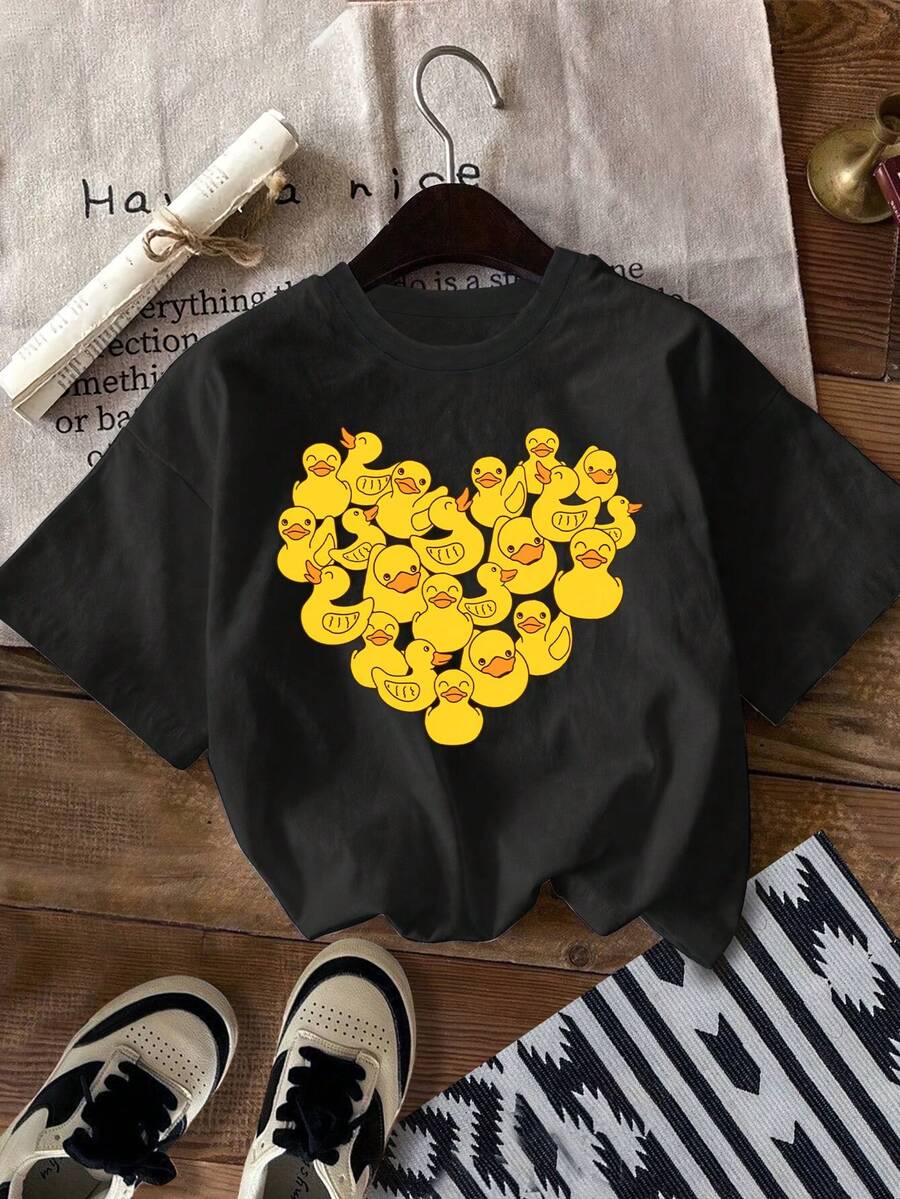 Camiseta de algodón de 180 g con estampado de corazón y pato, de manga corta y cuello redondo, para la ropa casual de mujer en primavera y verano. Adecuada para el uso diario, salidas informales, uso en casa y paseos al aire libre. Sencilla y versátil, un estilo de nicho a, la primera opción para parejas. - Negro - Ver 1