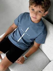 1pc Tween Boys' Motivational Slogan Confident Positive Energy Print Short Sleeve T-Shirt, Summer Top For Young Students - Dusty Blue - View 3