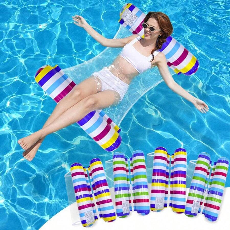 New Foldable Inflatable Striped Pool Float, Single Person Lounger Bed, Water Recreation Essential For Boys, Girls, Family, Hot Selling, Perfect Gift For Boyfriend, Girlfriend, Birthday, Party, Beach, Pool Accessories