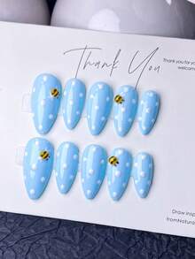 10片手工印花美甲贴纸，美甲配件，假指甲，美甲贴片，夏季美甲，短指甲，印花美甲，亚克力印花美甲套装，Y2K风格，白色美甲，蓝色美甲，波点美甲，手工蜜蜂装饰，可爱风格，适合春夏 - 淺藍色 - 查看 14