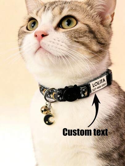 1 pieza Collar personalizado para gato con diseño de estrella y luna, collar para mascota con campana, colgante de placa de identificación con nombre de mascota grabado, regalo ideal para mascotas