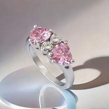 Classic Pink Double Heart Couple Rings, Wedding Accessories, Engagement Rings, Valentine's Day & Mother's Day Gift - Silver - View 2