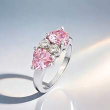 Classic Pink Double Heart Couple Rings, Wedding Accessories, Engagement Rings, Valentine's Day & Mother's Day Gift - Silver - View 6