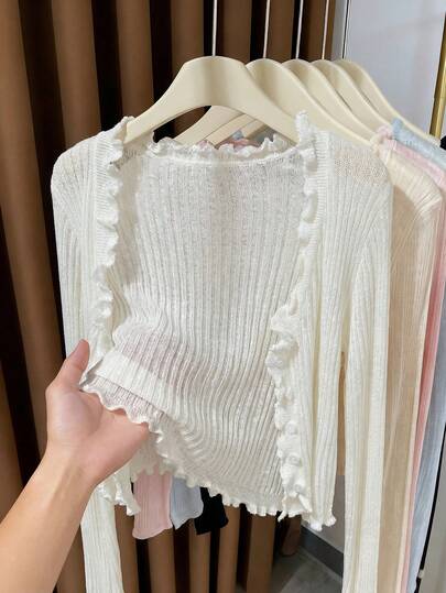 Free Form Spring/Summer New Elegant Casual Solid Color Knit Cardigan, Women's Knit Top, Suitable For Vacation, Daily Wear, Office Outfit White
