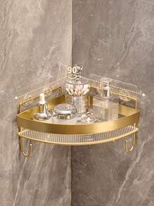 Luxury Bathroom Triangular Corner Shelf, No Drilling Wall Mounted Shower Caddy, Acrylic & Metal Storage Rack, Waterproof Rustproof Organizer For Shampoo Soap Cosmetics, Space Saving Corner Shelving For Bathroom Kitchen Toilet, Modern Golden Clear Design, Strong Adhesive Easy Installation, Home Storage Essentials - Gold - View 4