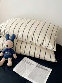 2 vỏ gối kẻ sọc đơn giản 100% polyester (không bao gồm ruột gối), có thể giặt máy, phù hợp cho mọi mùa. - Nhiều màu - Xem 1