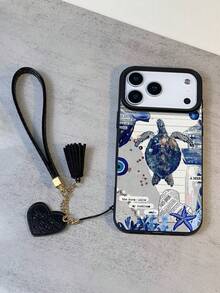 1件装时尚个性化海洋元素海龟拼贴图案防水防震防滑高品质荔枝纹理3D磨砂软手机壳 + 时尚心形仿皮挂绳手链，兼容苹果手机，是送给朋友、家人、情侣、生日、节日的绝佳礼物。 - 彩色 - 查看 5