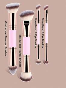 YZIMENG 10pcs Makeup Brush Set, 4 Double-Sided Makeup Brushes With Flat And Round Tapered Bristles For Applying Liquid Foundation, Powder, Blush, Concealer, 6pcs Makeup Sponges Including 2 Water Drop , 2 Triangle Velvet Powder Puffs, 2 Mini Finger-Shaped Air Cushions - Pink - View 3