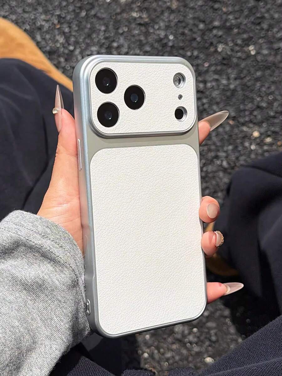 Instant Large Window 17 Pro Max 商务荔枝纹手机壳，兼容 Apple 16，皮革纹理 15/13/12/11 全包 - 白色 - 查看 1