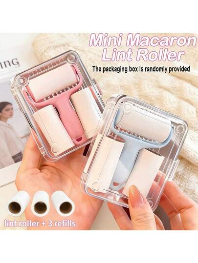 一套便携式迷你粘毛滚筒套装 - 1 个滚筒手柄 + 3 个替换滚筒，强力粘胶，轻松去除宠物毛发，使用方便，手柄可重复使用，无需电源，适用于宠物/衣物/地毯/汽车座椅，宠物主人必备