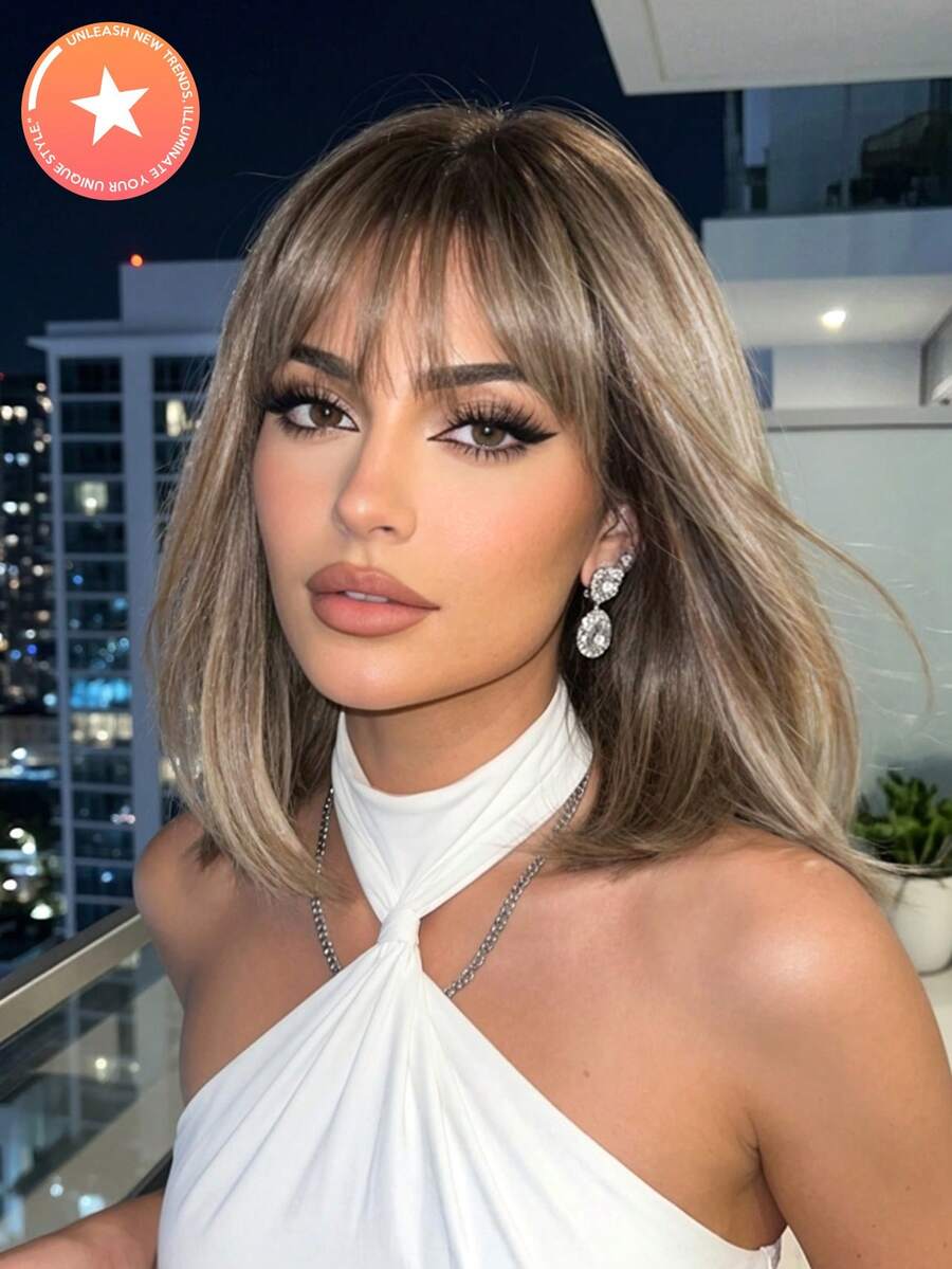 12inch/30cm Linen Brown Stright Bob Wig With Bangs- Synthetic Wigs For Women Heat Resistant Cosplay Colourful Synthetic Hair Wig High Temperature Hair For Women Holiday Daily Fashion Style Synthetic Hair Wig For Halloween And Christmas - 亞麻棕 - 查看 1