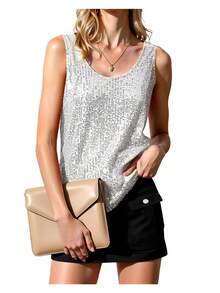 Sequin Tops For Women Sleeveless Scoop Neck Sparkle Shimmer Tanks Tops Sexy Party Base Tank Top Fashion Shimmer Cami - 銀色 - 查看 4
