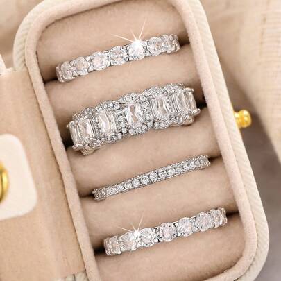 4枚奢华立方氧化锆戒指套装，含精美礼盒，女士适用，适合婚礼、订婚、周年纪念、派对、情人节等场合佩戴。
