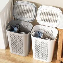 2pcs Hollow-Out Breathable Design Laundry Basket, With Lid For Dust Prevention, Multiple Colors Available, Size 40*29*62cm, Large Capacity For Storing Dirty Clothes And Sundries, Stable With Feet - Multicolor - View 3