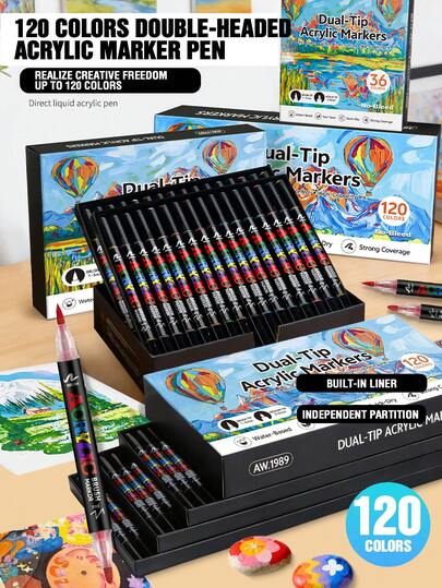 Bộ bút dạ acrylic hai đầu mới, vẽ viền và tô màu chỉ với một bút, 12/24/36/48/60/72/100/120 màu, hộp quà tặng di động, bút vẽ DIY và graffiti cho sinh viên mỹ thuật, bộ 120 màu khổng lồ với hiệu ứng nhiều lớp phong phú, mực chảy mượt mà, khô nhanh giúp dễ dàng chồng lớp, dung tích mực gấp đôi, màu sắc bão hòa cao chuyên nghiệp, thích hợp cho giấy, vải, thủy tinh, nhựa, gốm sứ, đá, gỗ, kim loại.