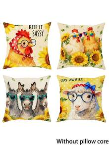 4pcs Farm Animal Sunflower Throw Pillow Covers, Yellow Green Funny Decorative Pillowcases, One-Sided Printing, Country-Rustic Style, Machine Washable, Zipper Closure, Polyester, For Living Room, Bedroom, Sofa, Bed Decor, No Pillow Inserts Included - Yellow - View 2