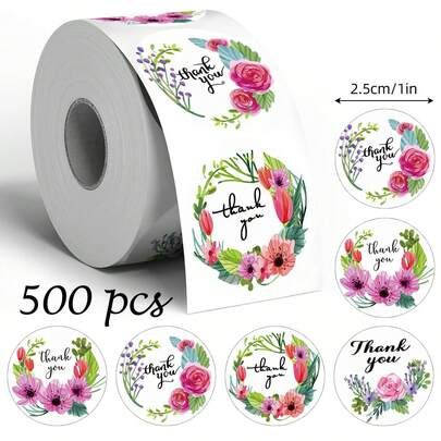 500pcs/Roll Floral Thank You Stickers, Rose Thank You Labels Suitable For Wedding, Party, Birthday Gift Wreath, Baking Sealing Stickers, Dessert Packaging Labels, Free Gift Stickers, Gift Wrapping Sealing Decorative Stickers, Round Decorative Stickers, Graduation Decorations, Bridesmaid Gifts, Wedding Stickers