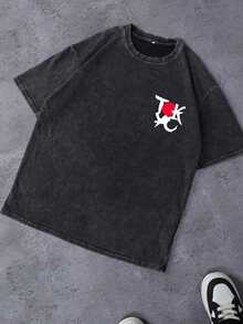 Plusstorlek herr sommart-shirt med japanskt Torii-portsmönster, kortärmad, tvättad - Svart - Visa 2