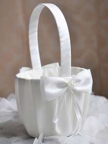 Set de 2 piezas de cesta de flores y almohada para anillos de niña de las flores de boda de satén blanco, con diseño de flores de perlas y lazos, adecuado para decoración de fiesta de boda (anillos no incluidos) - Ver 3
